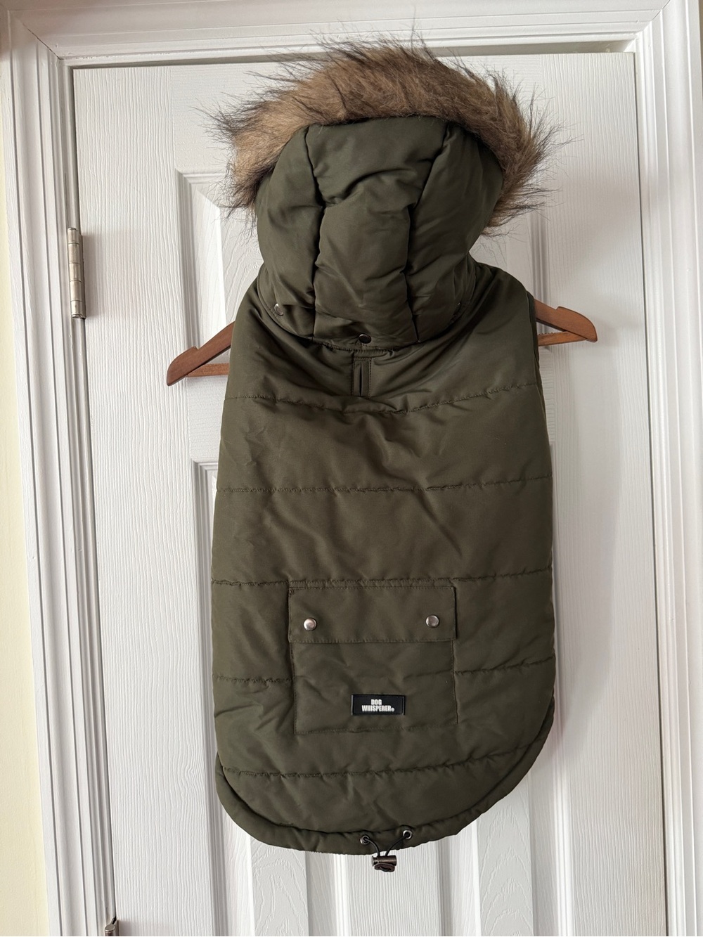 Dog Whisperer XL Olive Green Puffer Dog Winter Coat Faux Fur Hood